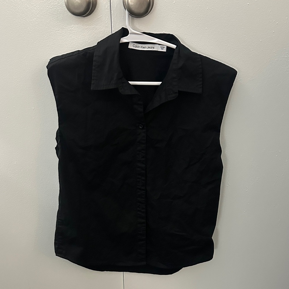 Women’s Calvin Klein Black Button Down Shirt Sleeveless Shoulder Pads XS